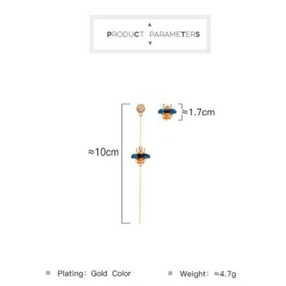 Blue Enamel Glaze Mismatch Crystal Bee Asymmetrical Gold Statement Drop Earrings - Picture 7 of 13